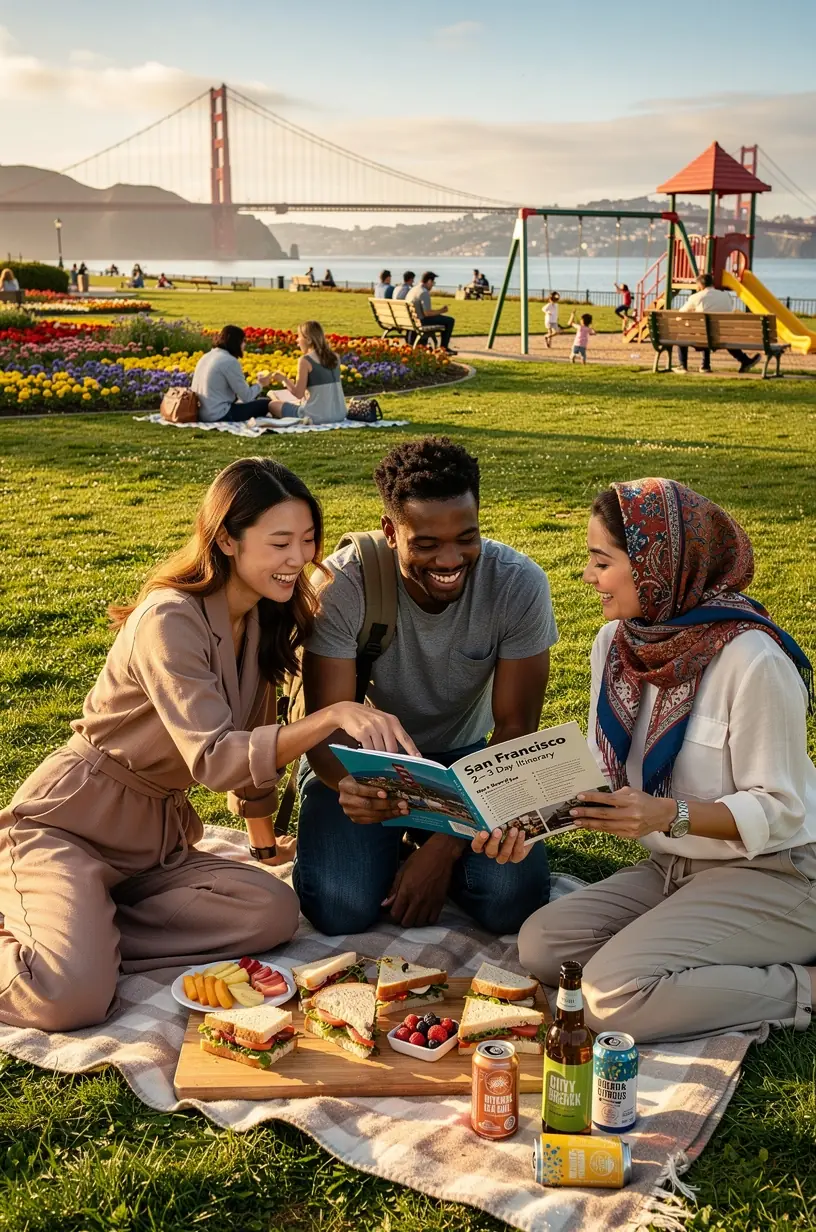 Travelers exploring a vibrant urban street with clear signage for public transit options, local eateries, and cultural attractions during a weekend city break.