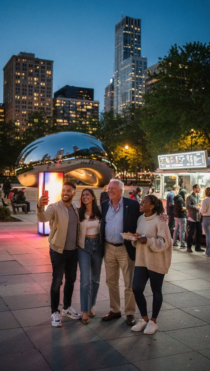 An evening cityscape view featuring illuminated landmarks, bustling restaurants, and a schedule for guided museum tours and entertainment venues.